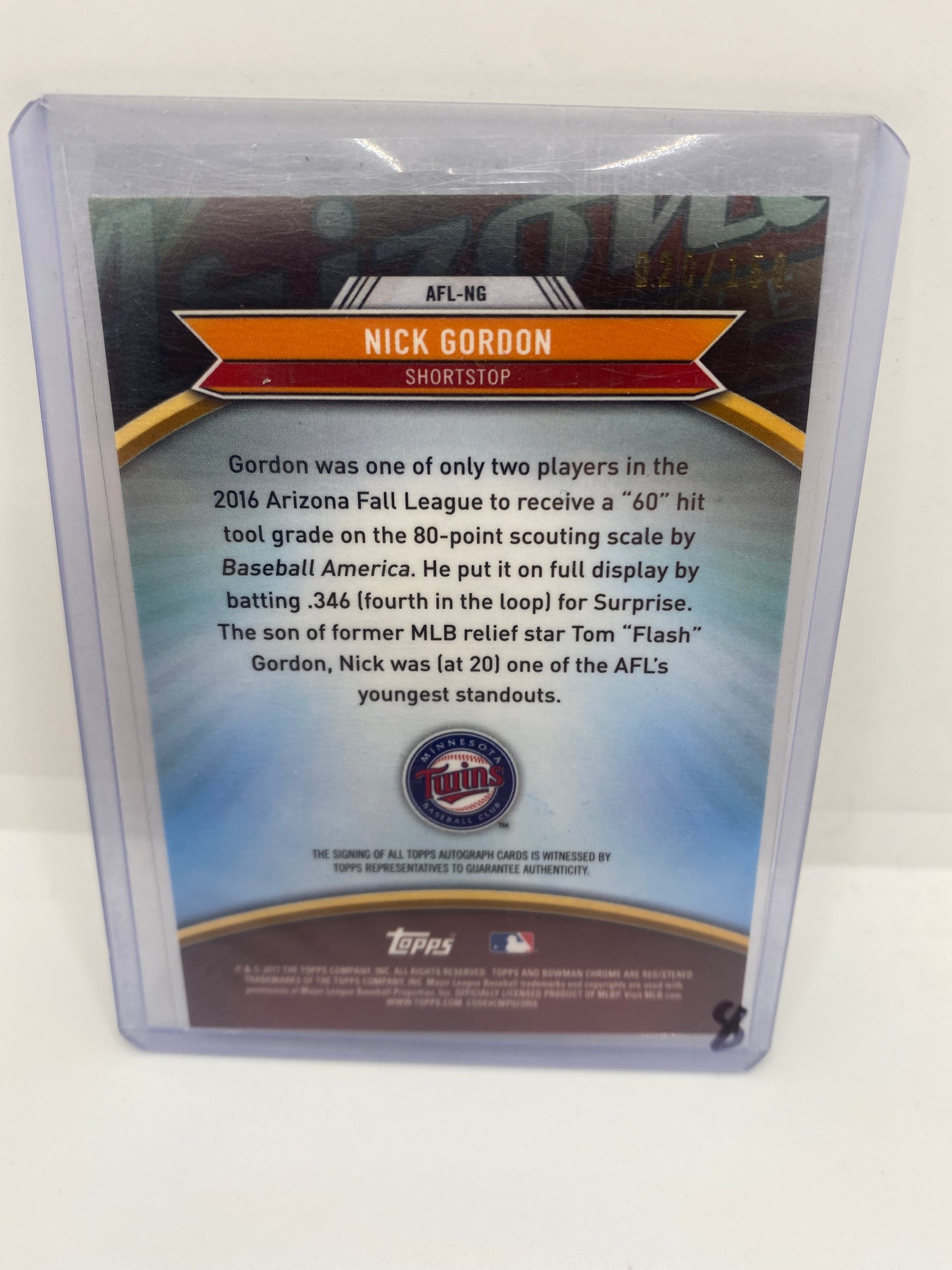 2017 Bowman Chrome Nick Gordon Arizona Fall League Auto #/150 Twins