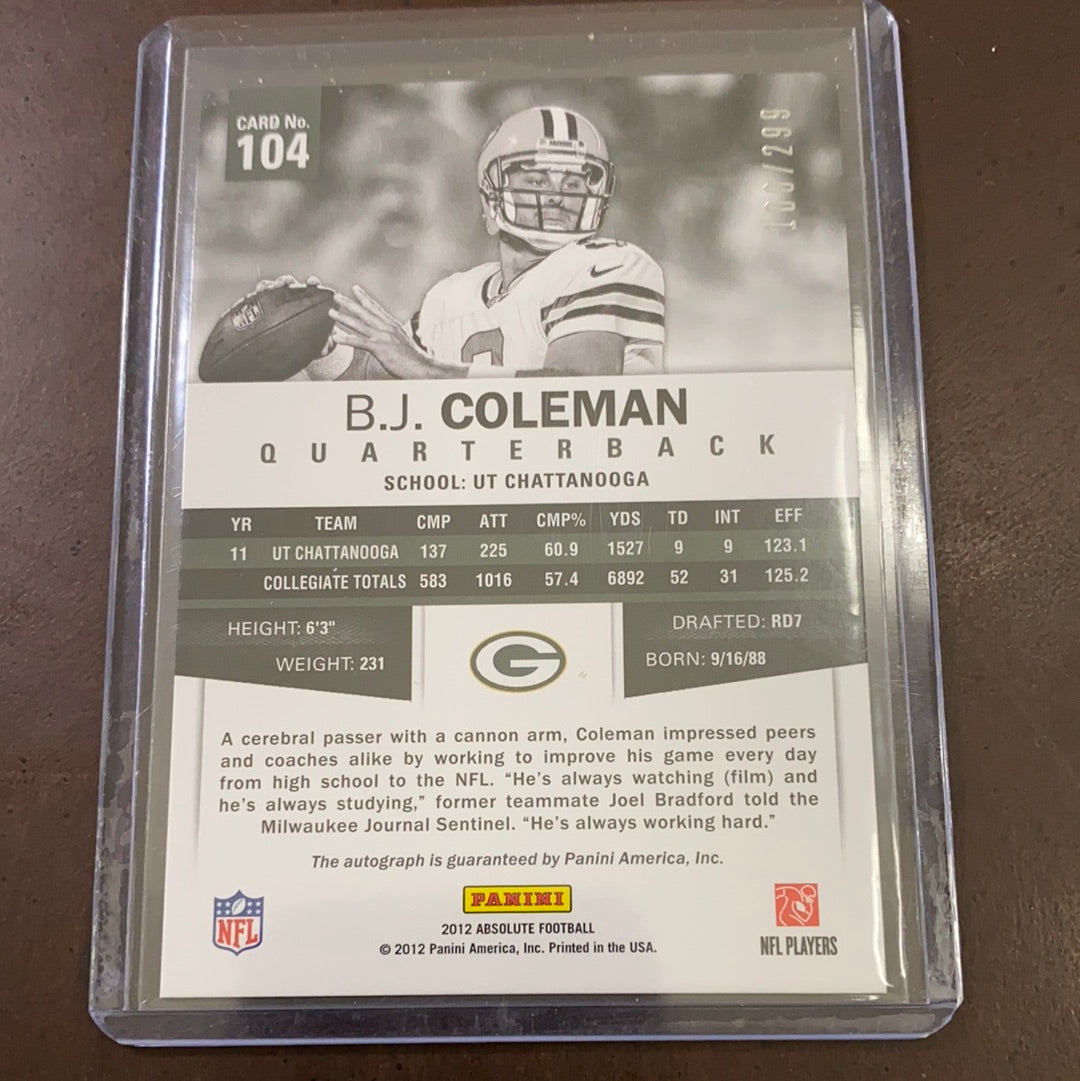 B.J. Coleman 2013 Absolute Memorbilia Autograph