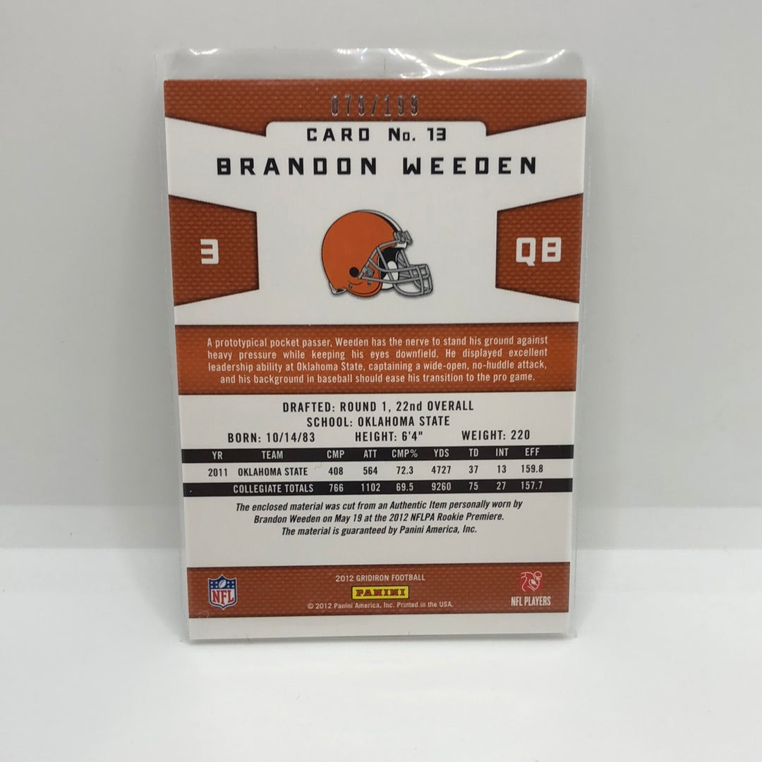 Brandon Weeden 2012 Gridiron Gems Rc Jsy /199