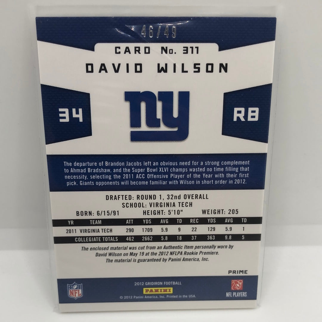 David Wilson 2012 Gridiron Gems Prime Rc Jsy /49