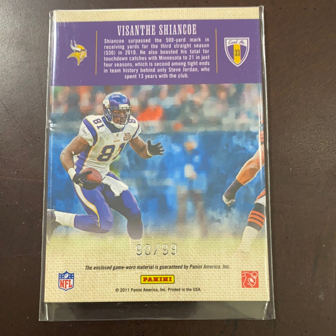 Visanthe Shiancoe 2011 Panini Threads Game Worn Patch /99 Jersey